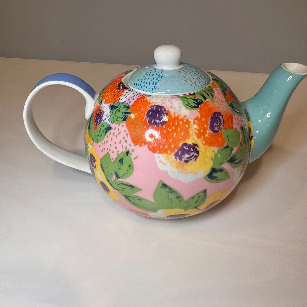 Oliver Bonas Floral Teapot Ceramic Pink Blue Orange Abstract Tea‎ Pot UK Design